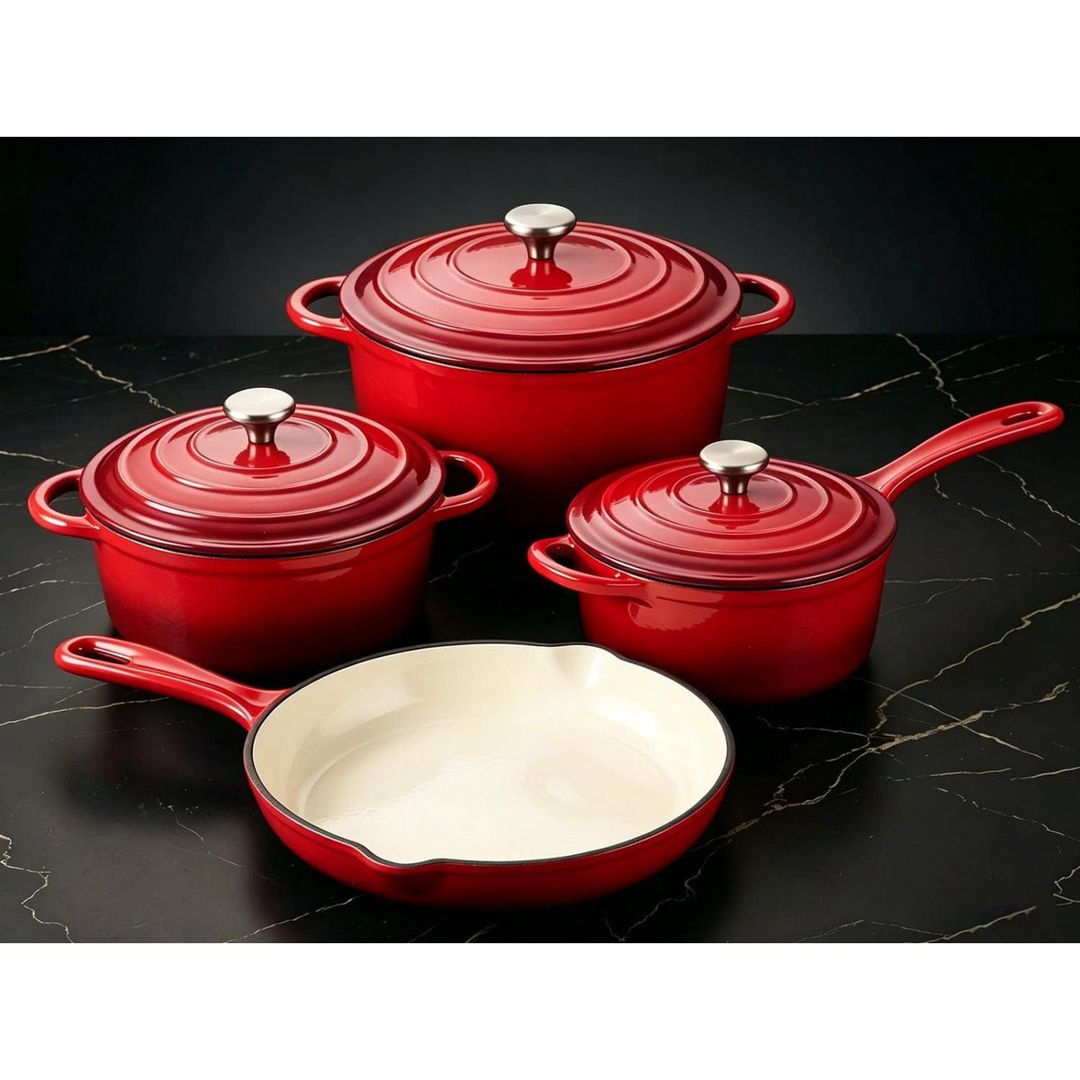 Gusseisen Kochgeschirr Set 4-teilig Rot – Ofenfest & Antihaft