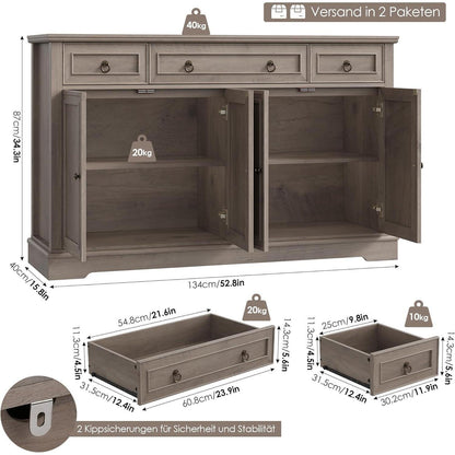 Weißes Sideboard mit 3 Schubladen & 4 Türen – Küchenbuffet 134cm