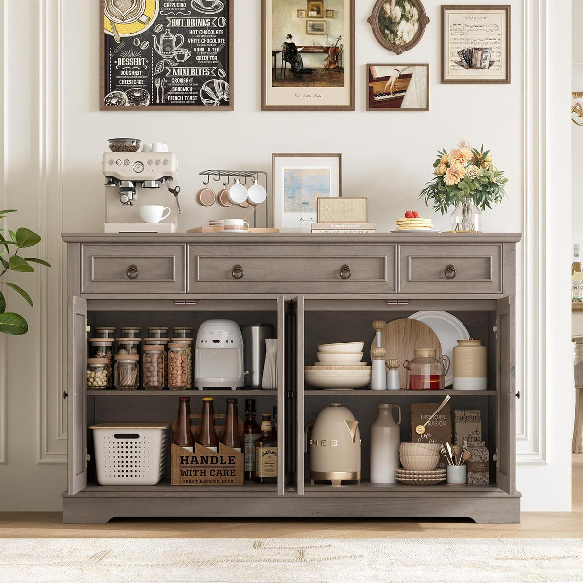 Weißes Sideboard mit 3 Schubladen & 4 Türen – Küchenbuffet 134cm