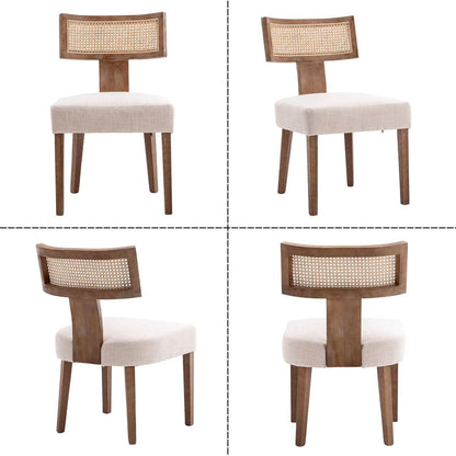 Esszimmerstühle 2er Set Leinen & Rattan Vintage Holzstuhl Beige