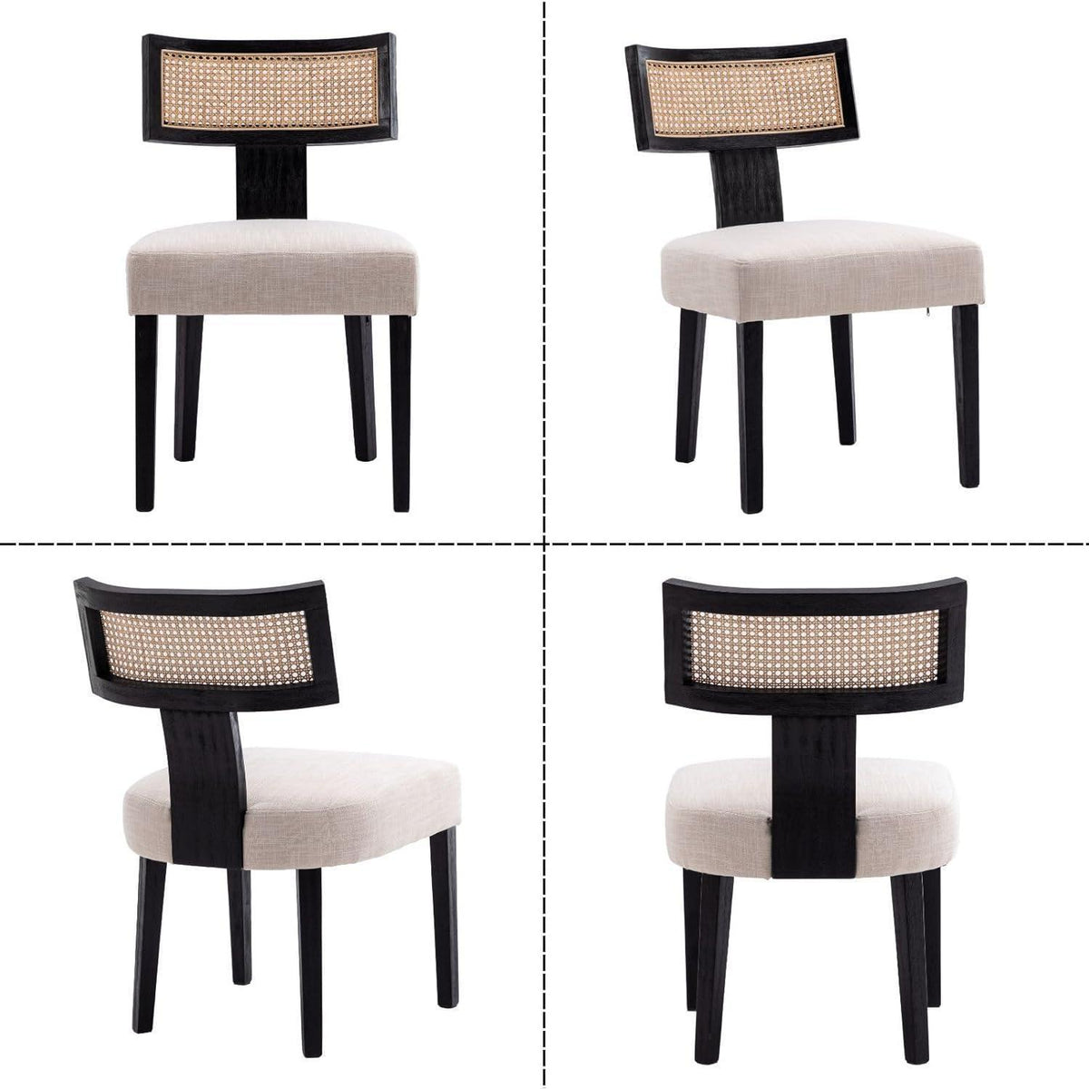 Esszimmerstühle 2er Set Leinen & Rattan Vintage Schwarz