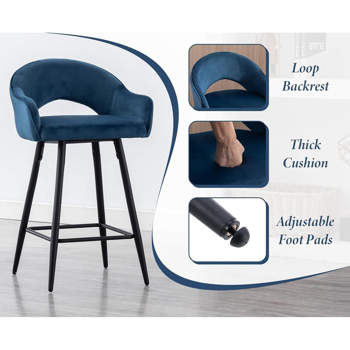 Ya-Home Barhocker 2er Set, Drehbar & Samtbezogen, Blau