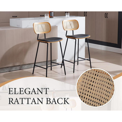 Rattan Barhocker 2er Set mit Sitzfläche Schwarz in Lederoptik