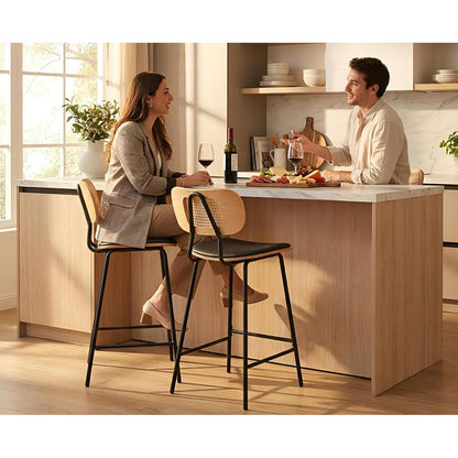 Rattan Barhocker 2er Set mit Sitzfläche Schwarz in Lederoptik