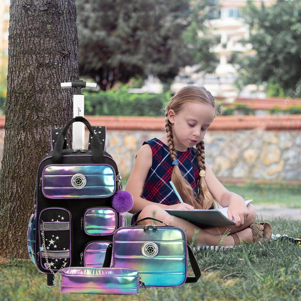 Schultrolley Mädchen Lila & Schwarz – Kinder Trolley Rucksack