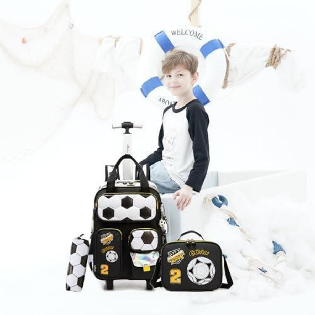 Schulranzen mit Rollen – Kinder Trolley Rucksack Fußball Design