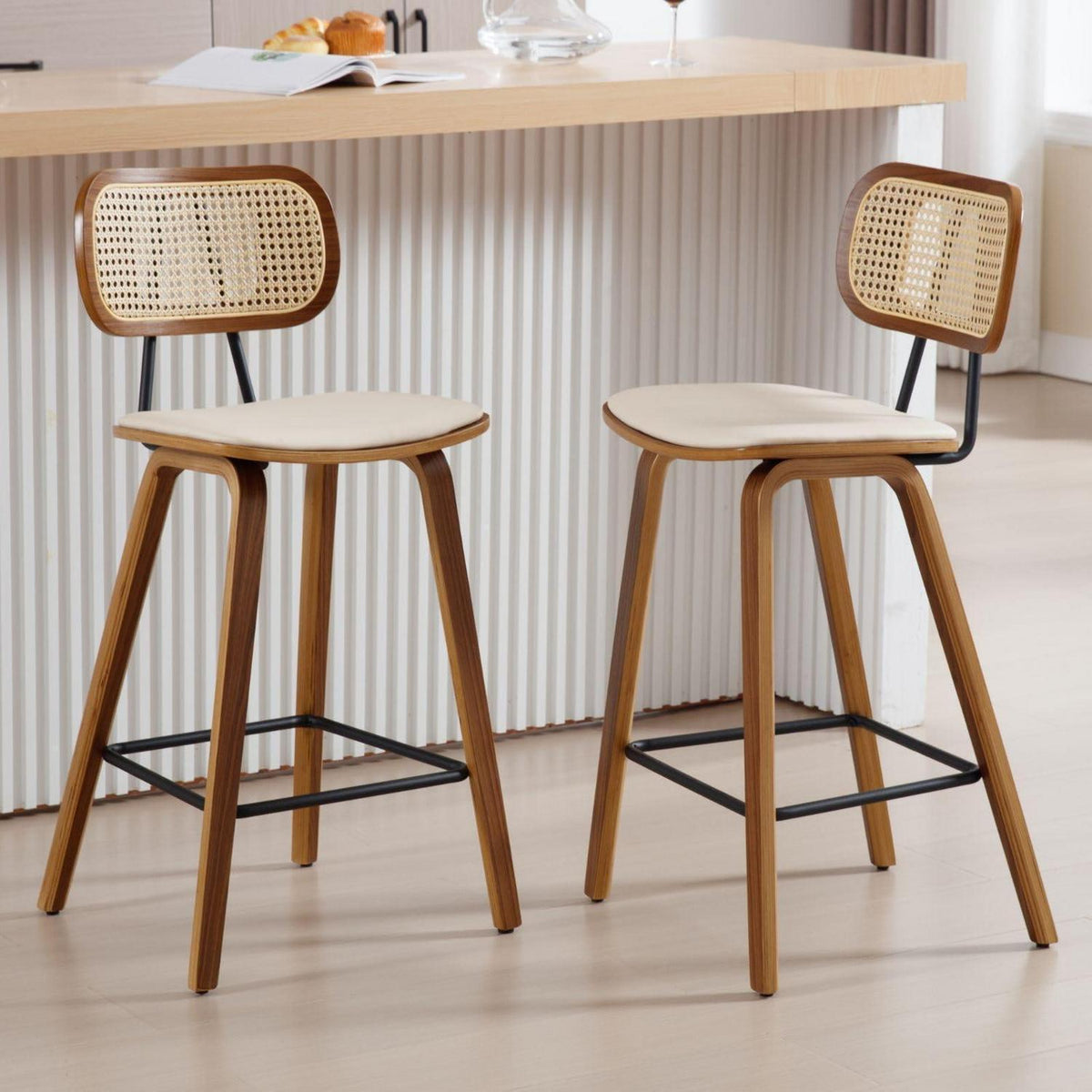 Rattan Barhocker Set 2x mit Lehne – Beige Küchenhocker