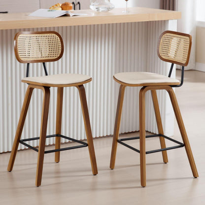 Rattan Barhocker Set 2x mit Lehne – Beige Küchenhocker