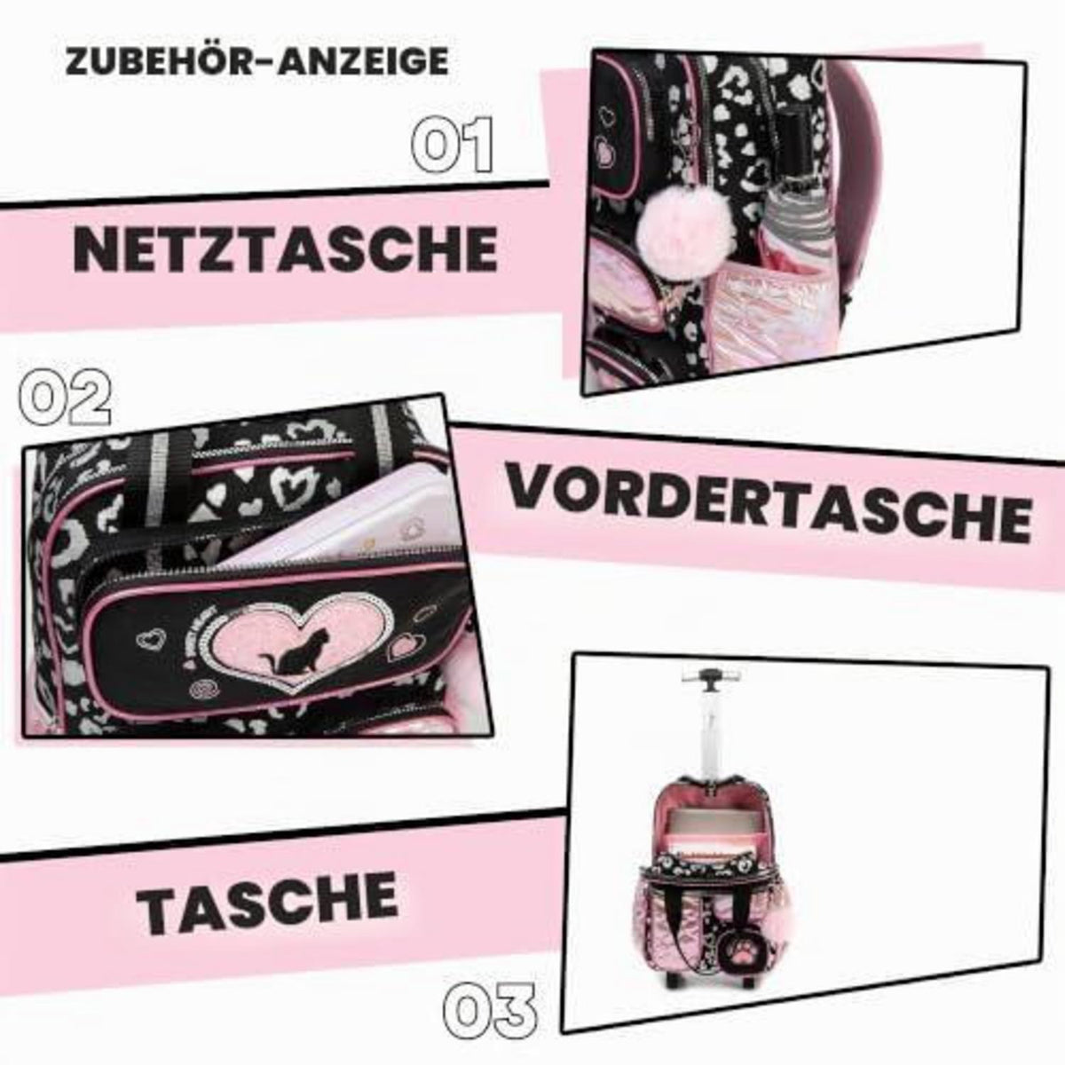 Trolley Rucksack Kinder – Schulrucksack mit Rollen Schwarz & Rosa