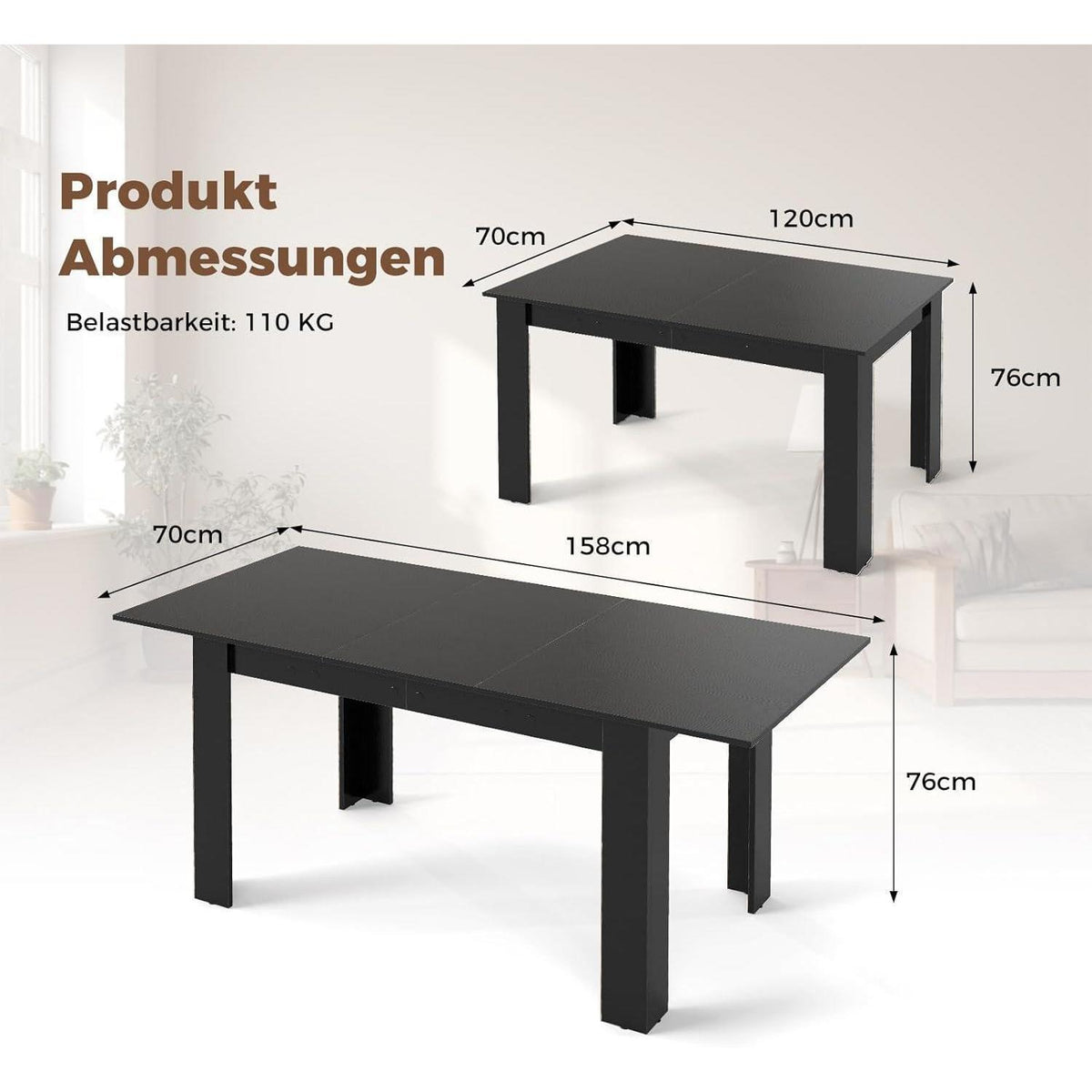 Ausziehbarer Esstisch Schwarz – Platzsparender Küchentisch 120-158 cm