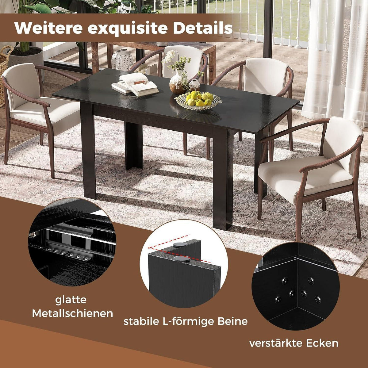Ausziehbarer Esstisch Schwarz – Platzsparender Küchentisch 120-158 cm
