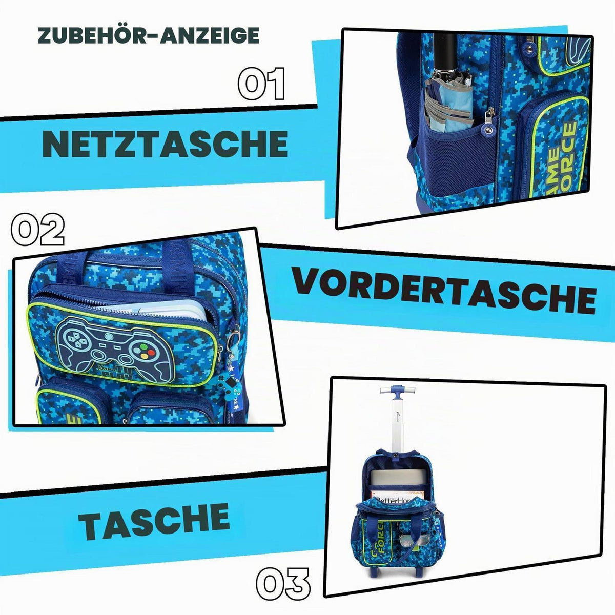 Trolley Rucksack Kinder – Rollen Schulranzen Blau Game