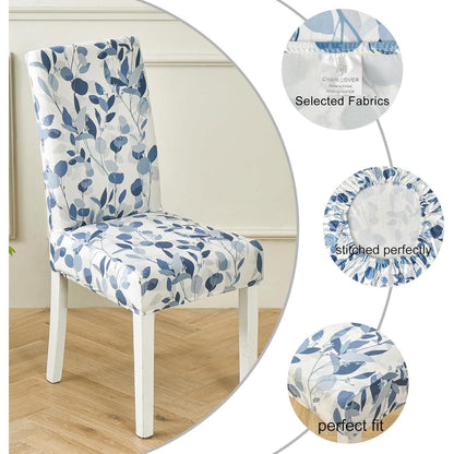 Stuhlhussen 6er Set Stretch Esszimmerstuhlbezug Blau Blätter