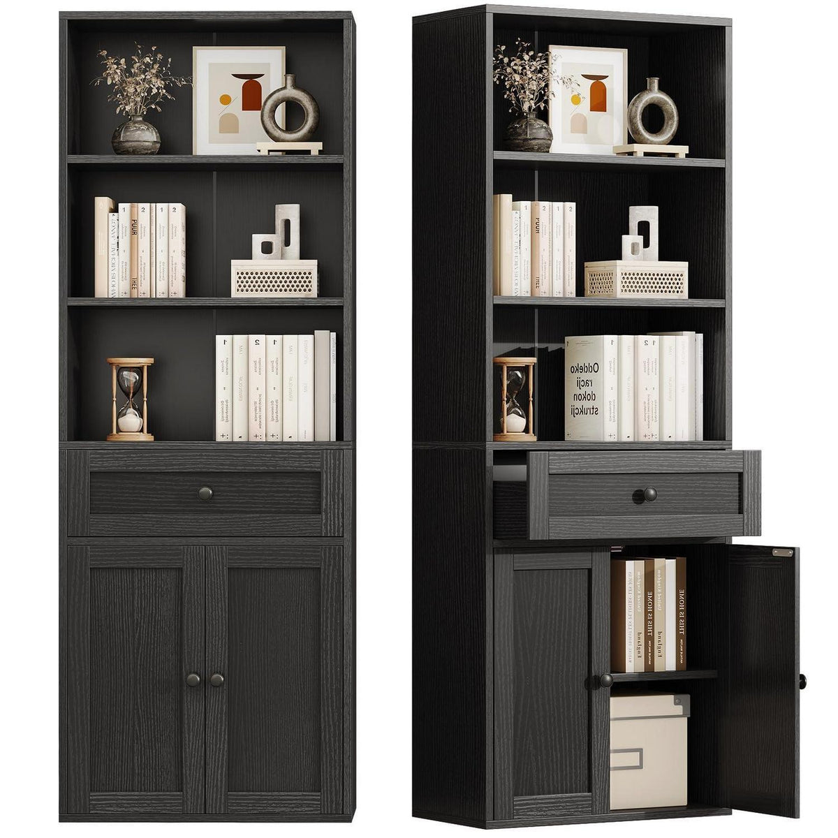 Bücherregal mit Türen & Schublade – Schwarz, 5 Ebenen