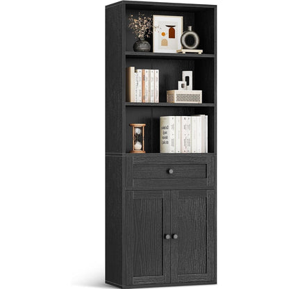 Bücherregal mit Türen & Schublade – Schwarz, 5 Ebenen