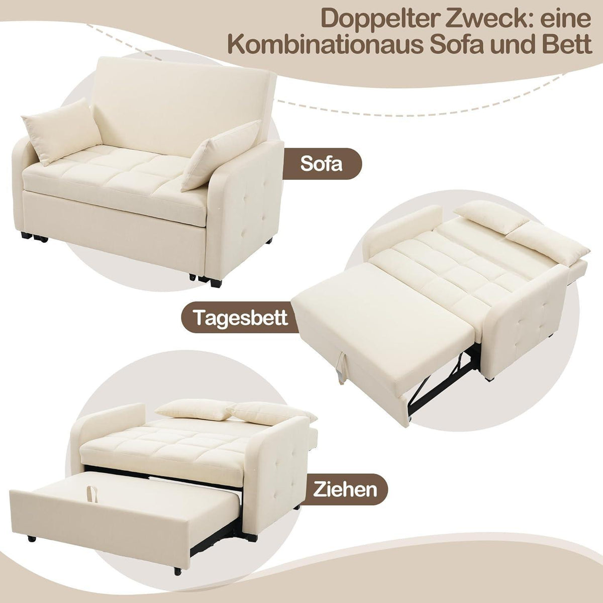 Schlafsofa 2-Sitzer mit Bettkasten & verstellbarer Lehne (Beige)