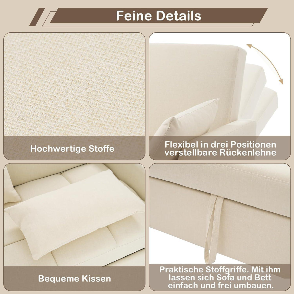 Schlafsofa 2-Sitzer mit Bettkasten & verstellbarer Lehne (Beige)