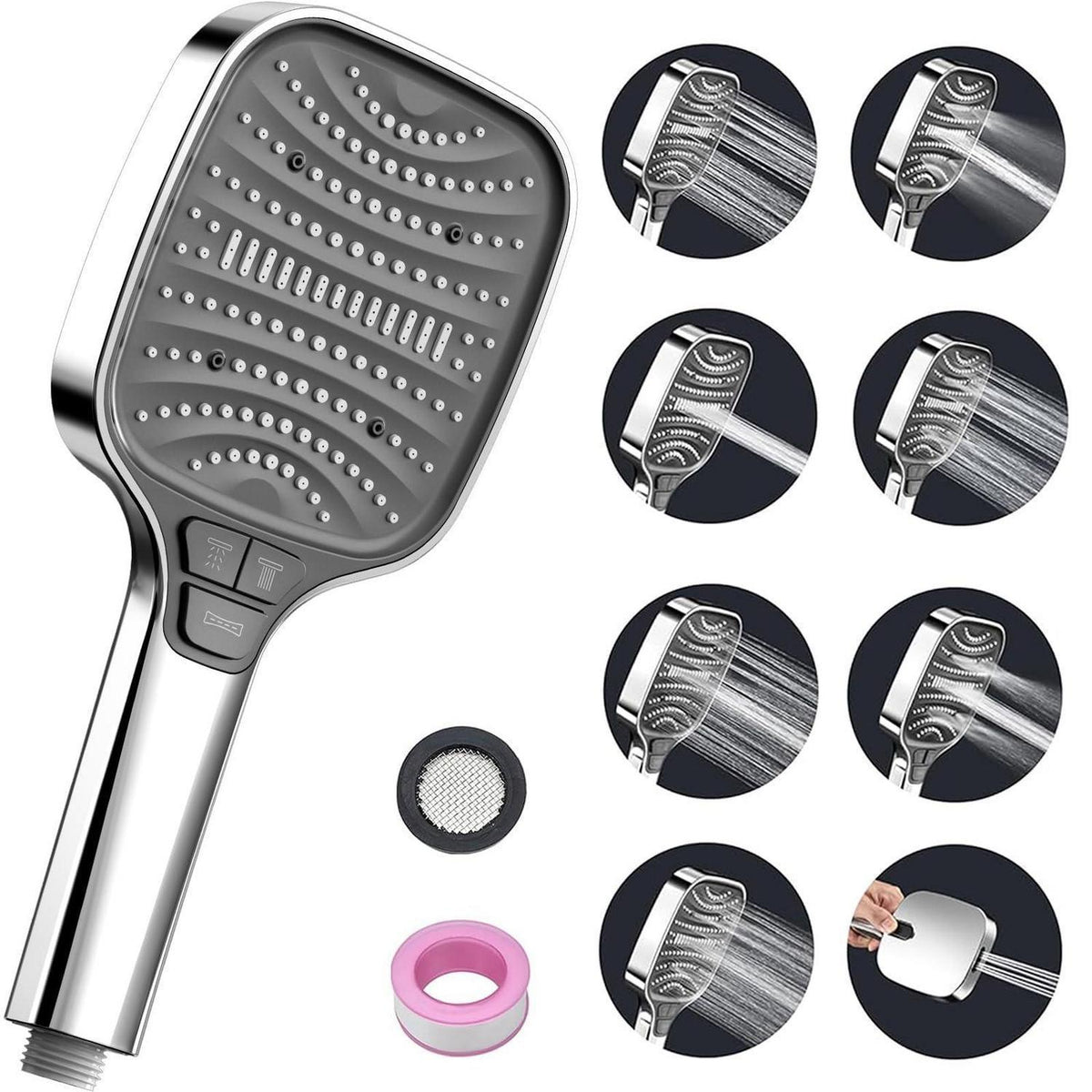 Hochdruck Duschkopf Handbrause 8 Strahlarten Regendusche Silber