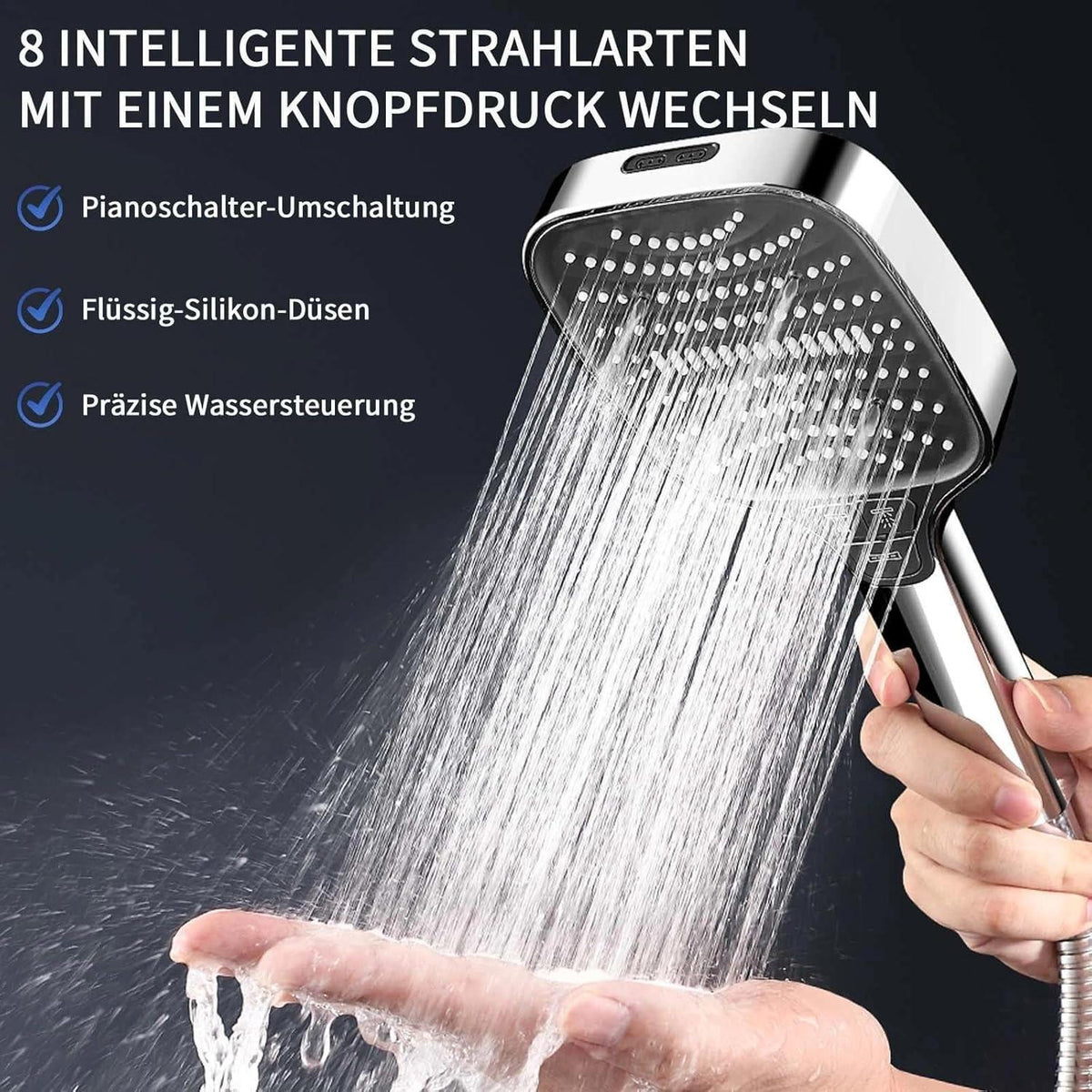 Hochdruck Duschkopf Handbrause 8 Strahlarten Regendusche Silber