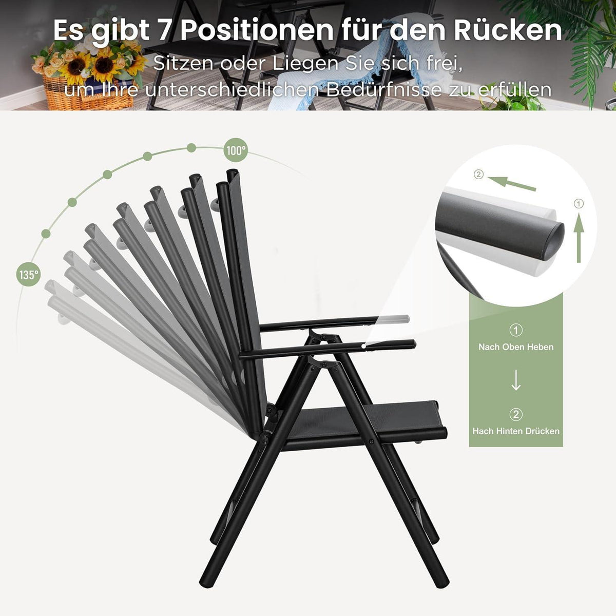 Gartenmöbel Set 6 Personen, verstellbare Stühle, Tisch 170cm, Schwarz