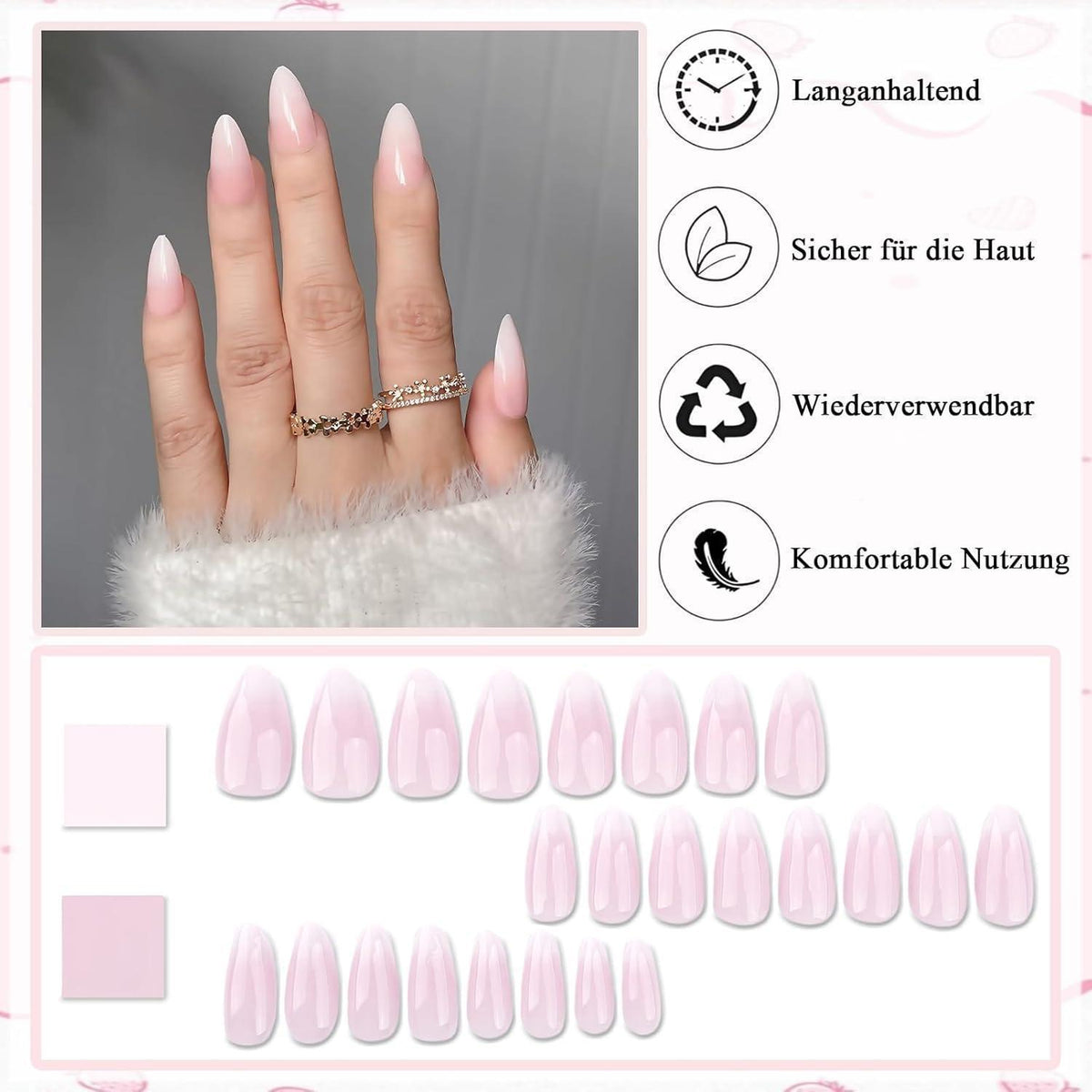24 Press on Nails Mandel Rosa Weiß Farbverlauf Künstliche Nägel