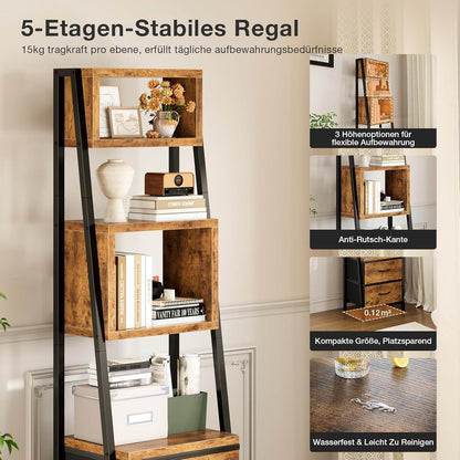 Schmales Bücherregal mit 5 Regalen & 2 Stoffschubladen