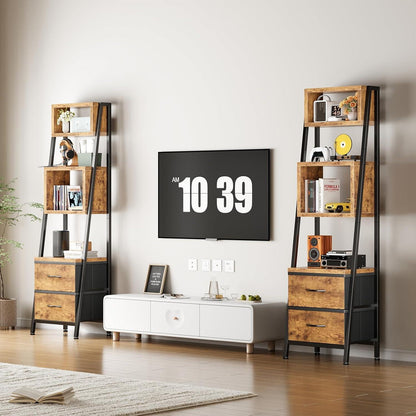 Schmales Bücherregal mit 5 Regalen & 2 Stoffschubladen