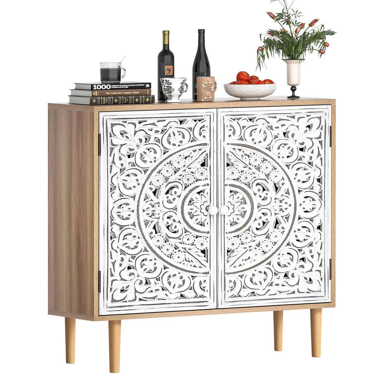 Geschnitztes Sideboard Holz – Aufbewahrungsschrank für Wohnzimmer & Küche