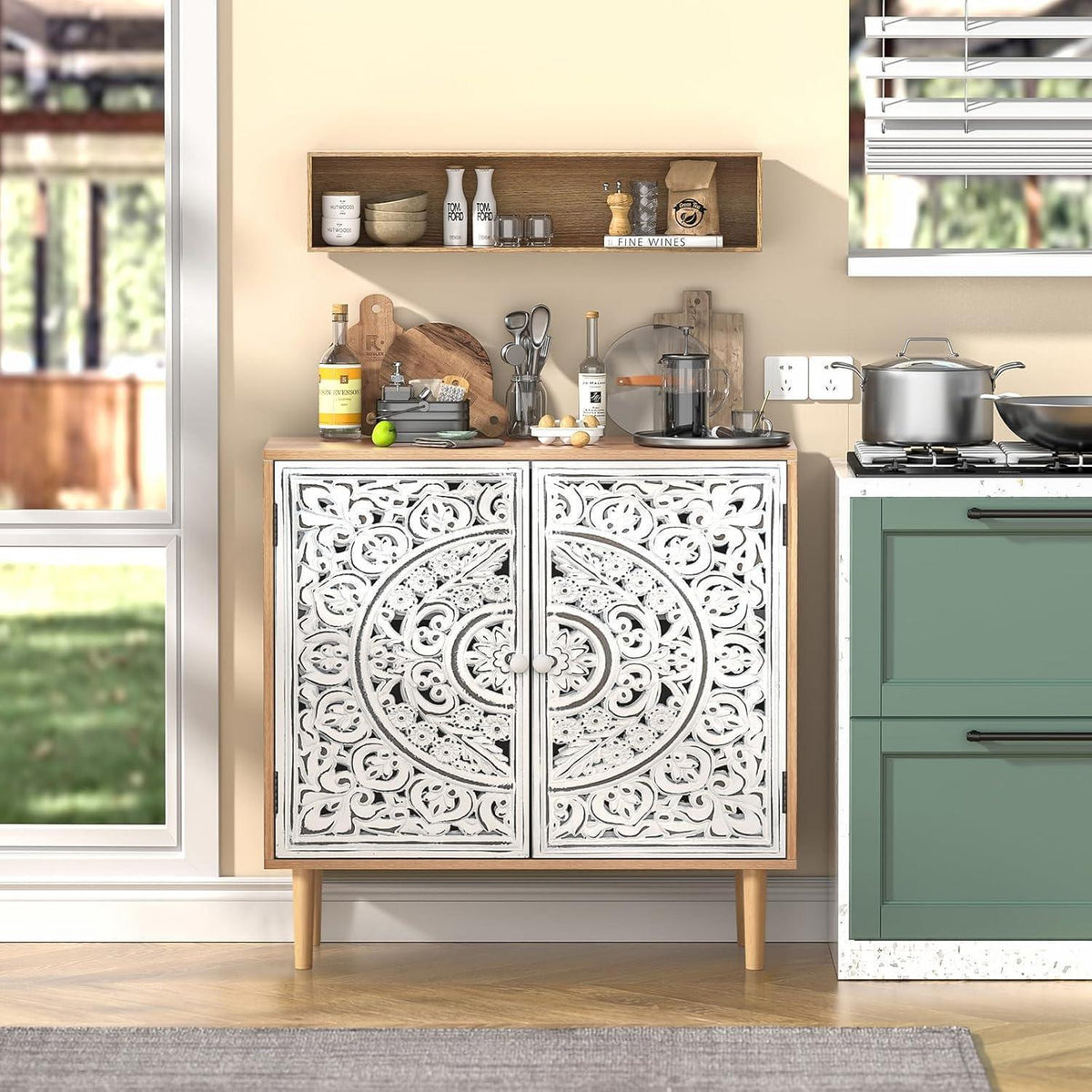 Geschnitztes Sideboard Holz – Aufbewahrungsschrank für Wohnzimmer & Küche