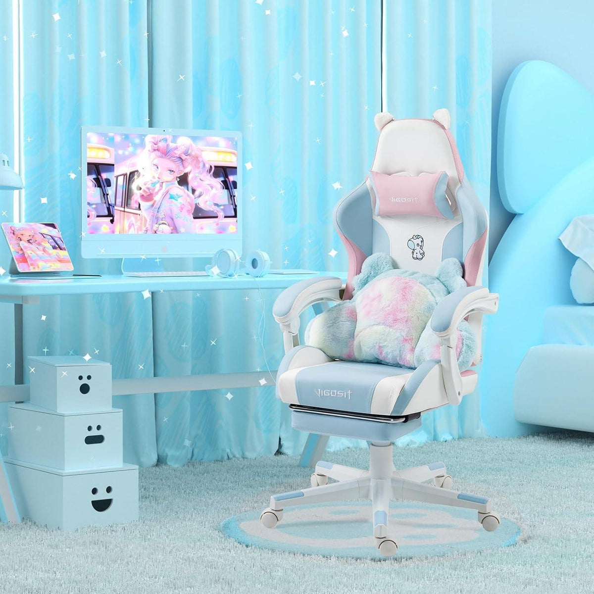 Gaming Stuhl Niedlich mit Ohren & Kawaii Kissen, BlauPink