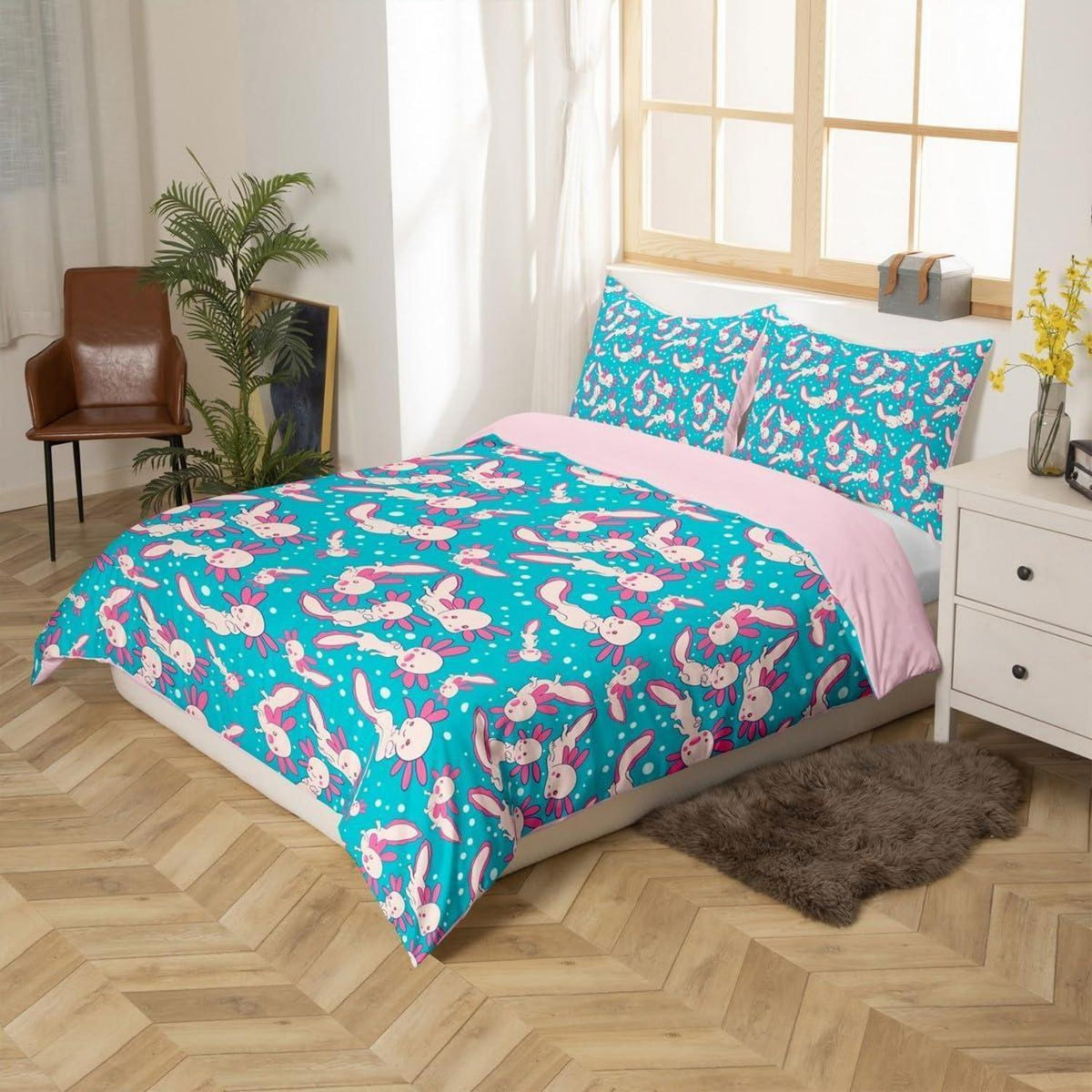 Axolotl Bettwäsche Set Rosa Blau 220x240cm mit 2 Kissenbezügen