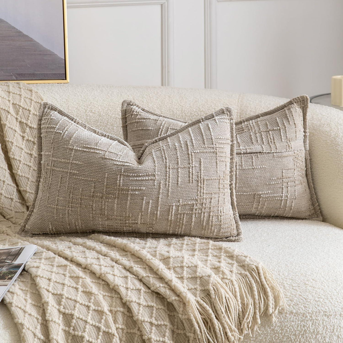 2x Chenille Kissenbezug 30x50 cm Taupe - Weiche Boho Deko
