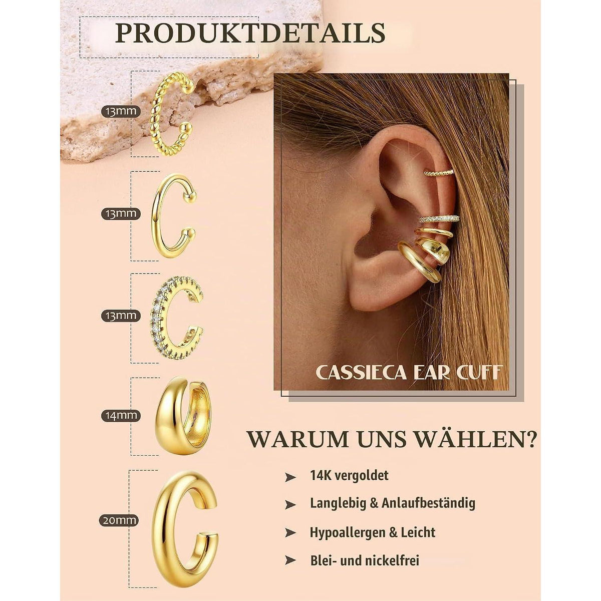 Ohrclips Damen 5er Set Ohne Ohrlöcher Gold Silber Earcuffs