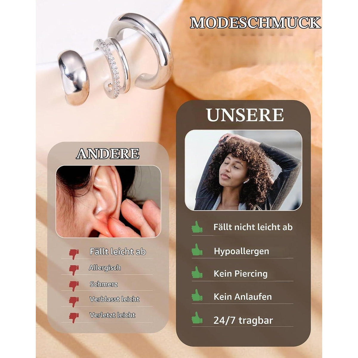 Ohrclips Damen 3er Set Ohne Ohrlöcher Gold Silber