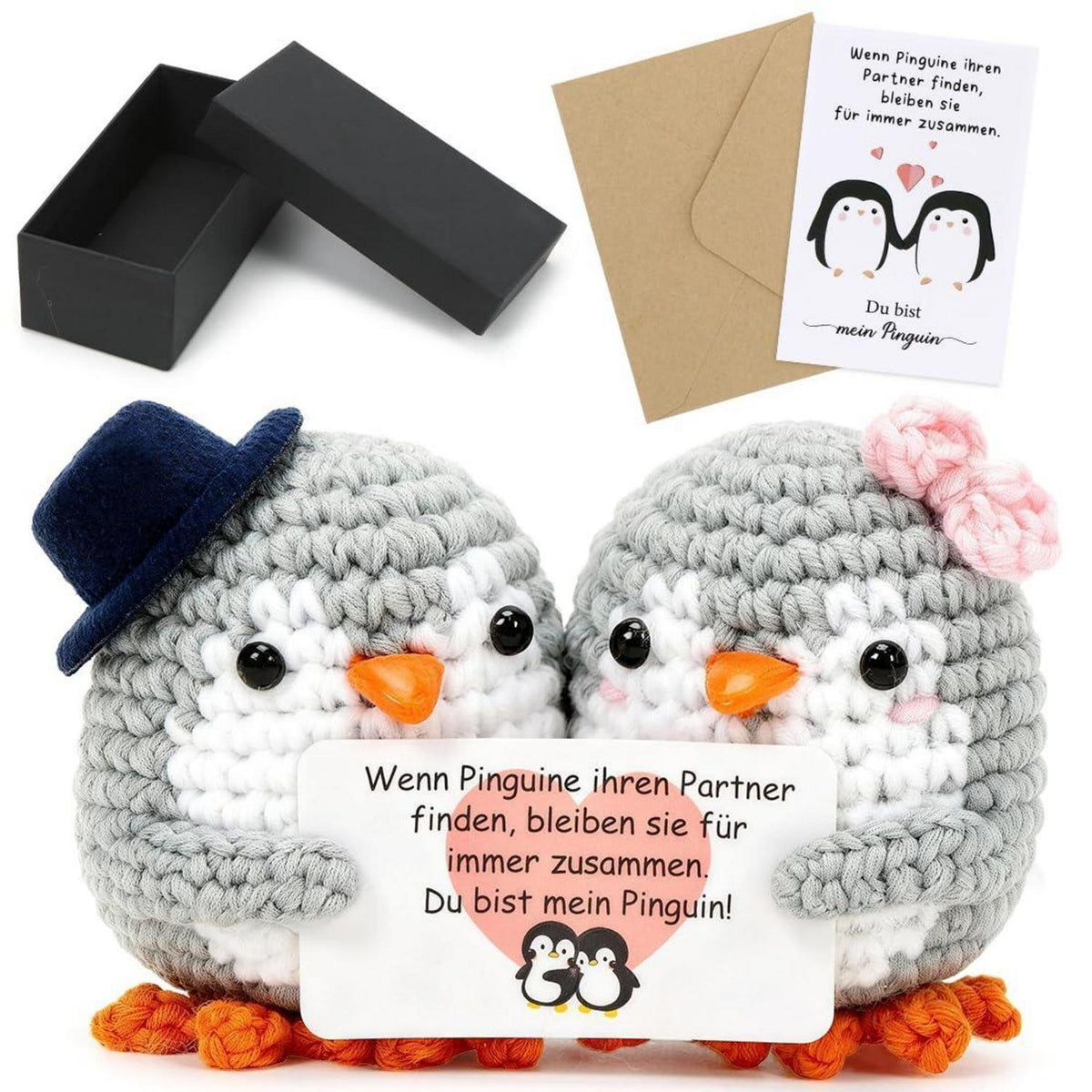 Gestrickte Pinguin Puppen Paar - Liebesgeschenk mit Karte