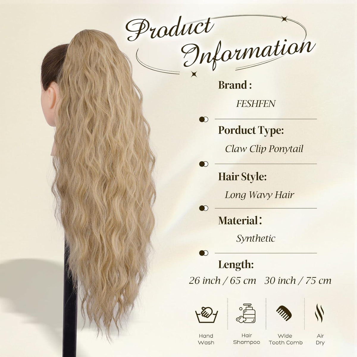 Welliges Pferdeschwanz-Haarteil mit Klammer – 75cm Blond/Aschblond