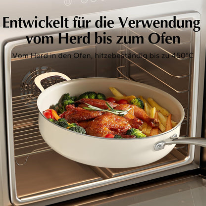 Bratpfanne 28cm mit Deckel, Keramik Antihaft, Induktion, Backofenfest, Beige
