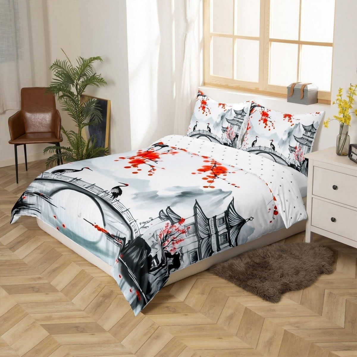 Japanisches Bettwäsche-Set 135x200cm – Landschaftstinte Grau/Rot