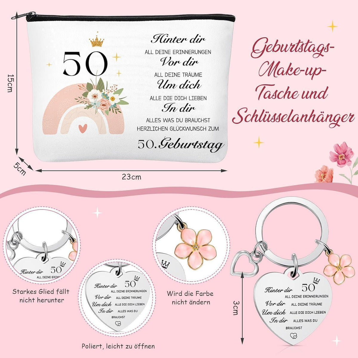 50. Geburtstag Geschenkset für Frauen: Kosmetiktasche, Socken & Schlüsselanhänger