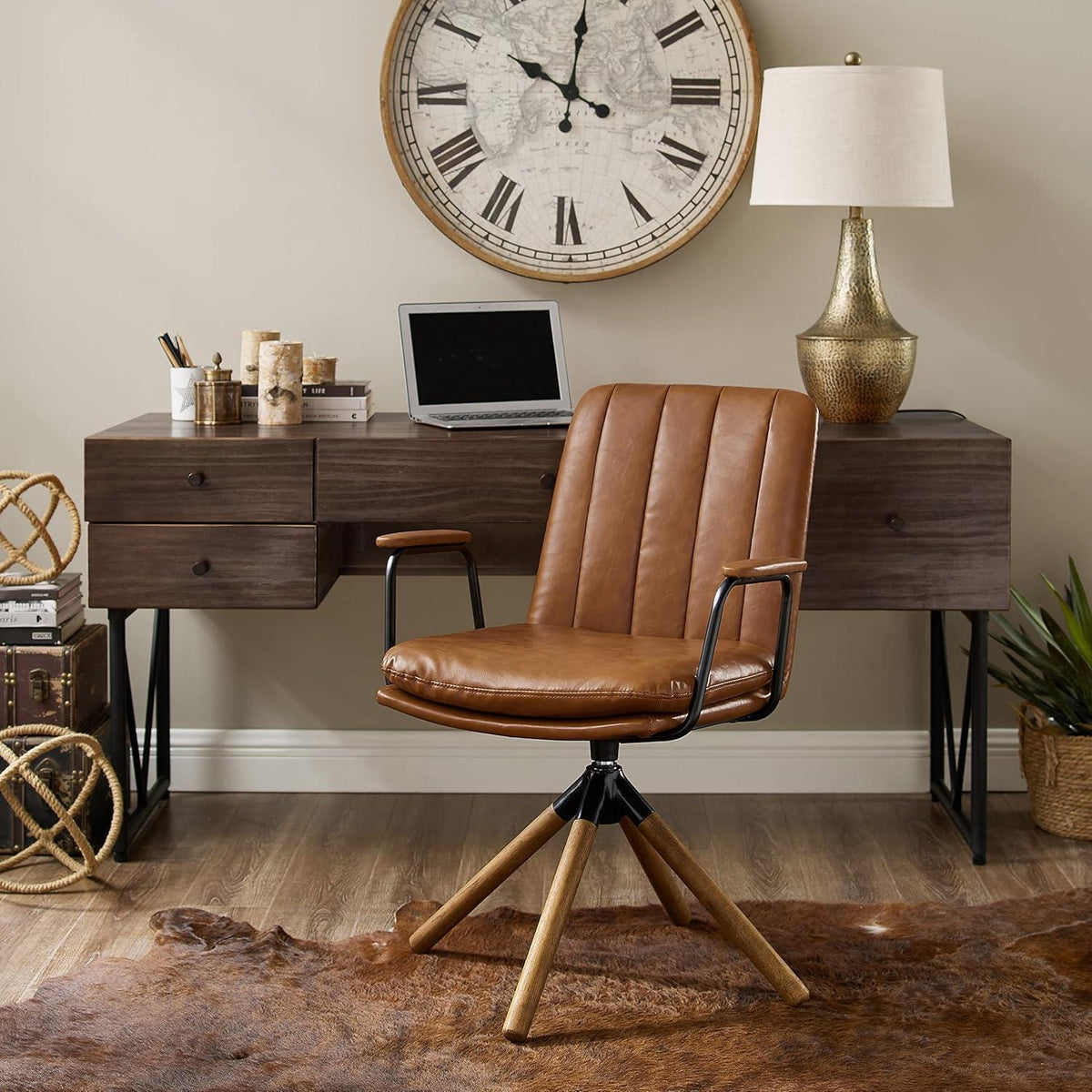 Zouron Braun Bürostuhl – Mid Century Modern Drehstuhl mit Holzbeinen