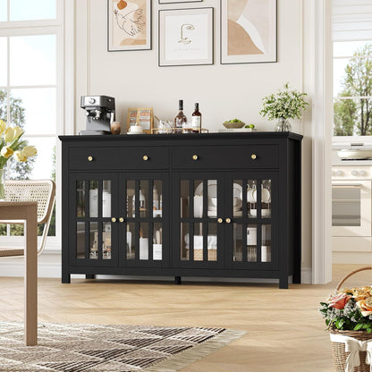 140cm Sideboard mit Glastüren & Schubladen – Küchenbuffet Schwarz