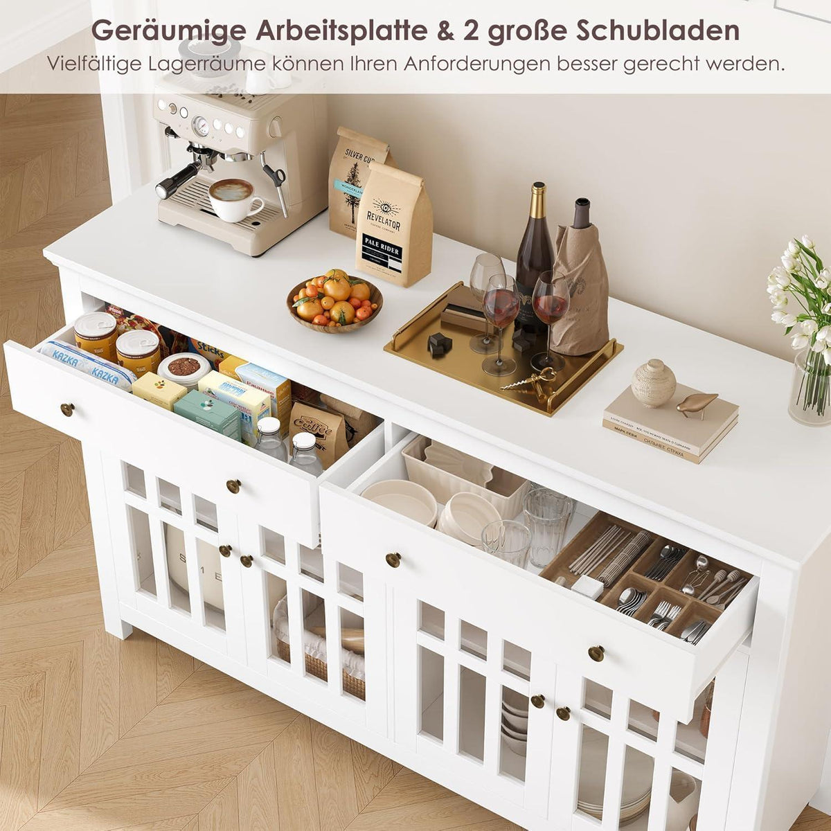 140cm Sideboard mit Glastüren & Schubladen – Küchenbuffet Weiß
