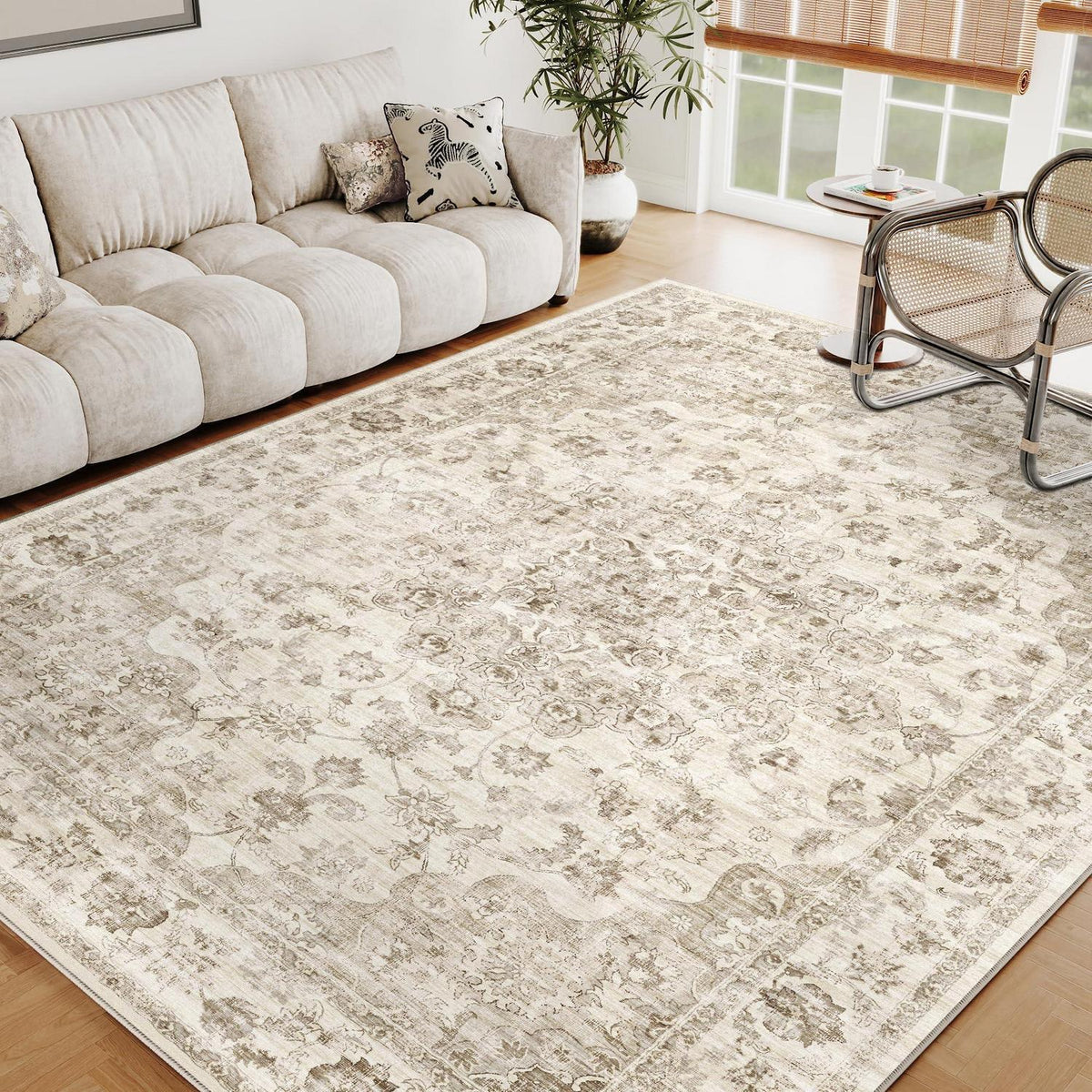 Vintage Teppich 140x200cm Beige – Waschbarer Wohnzimmerteppich