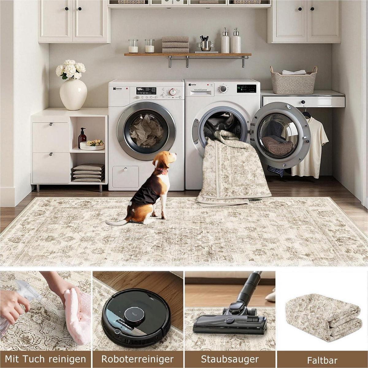 Runder Vintage Teppich Beige 120cm – Waschbar & Rutschfest