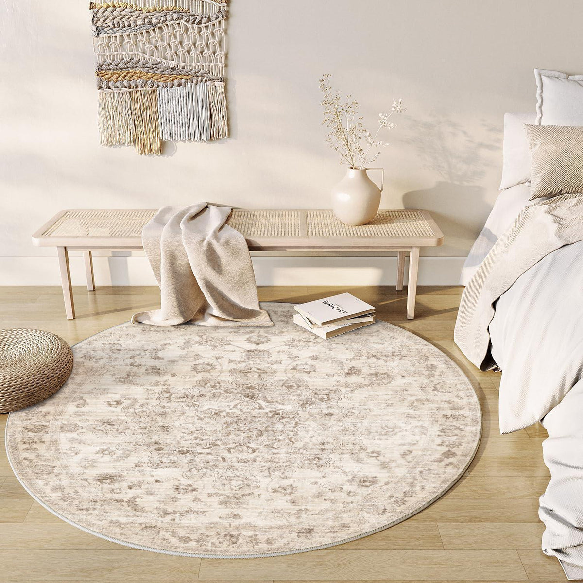 Runder Vintage Teppich Beige 120cm – Waschbar & Rutschfest