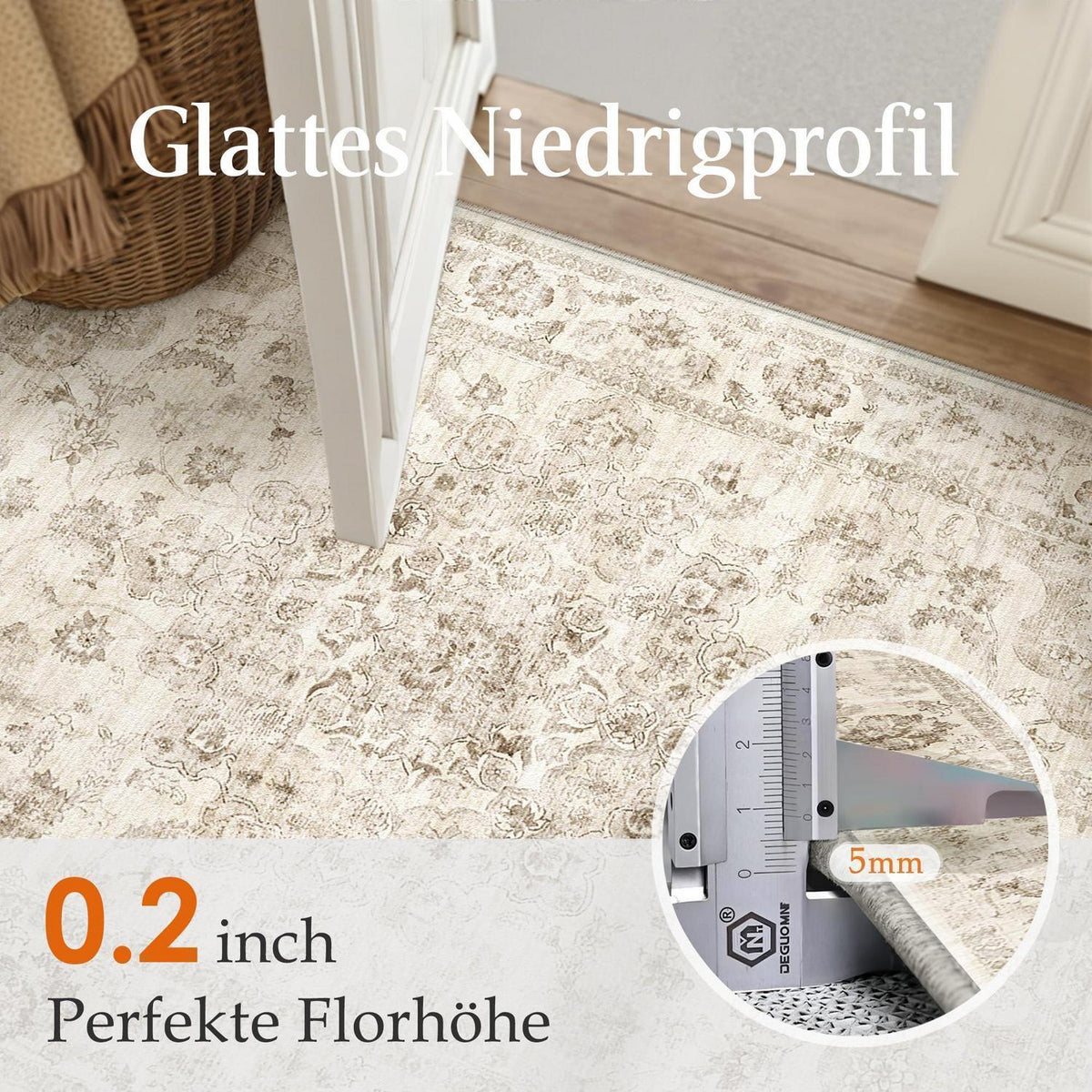 Runder Vintage Teppich Beige 120cm – Waschbar & Rutschfest