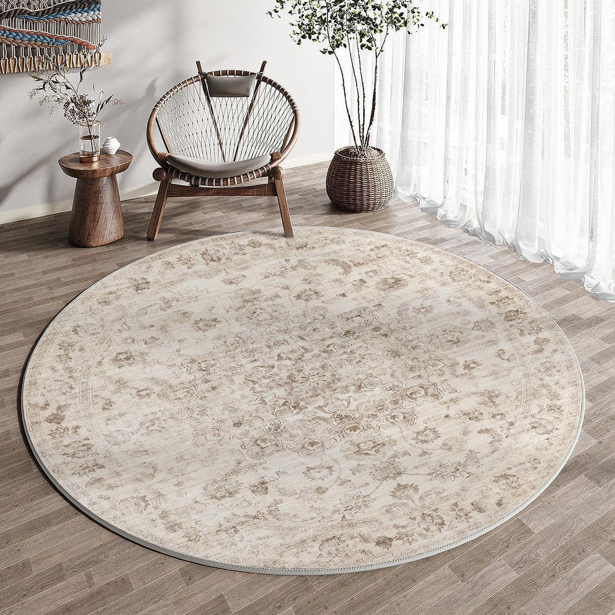 Runder Vintage Teppich Beige 120cm – Waschbar & Rutschfest