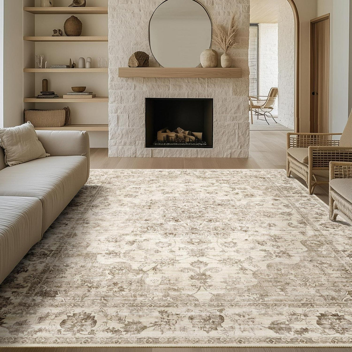 Vintage Teppich 240x300cm Beige – Waschbar & Rutschfest