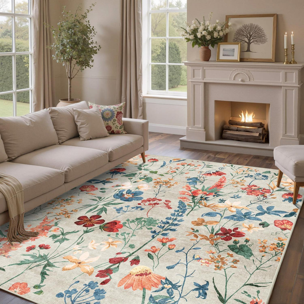 Wohnzimmerteppich 240x300cm Beige – Waschbarer Rechteck Teppich