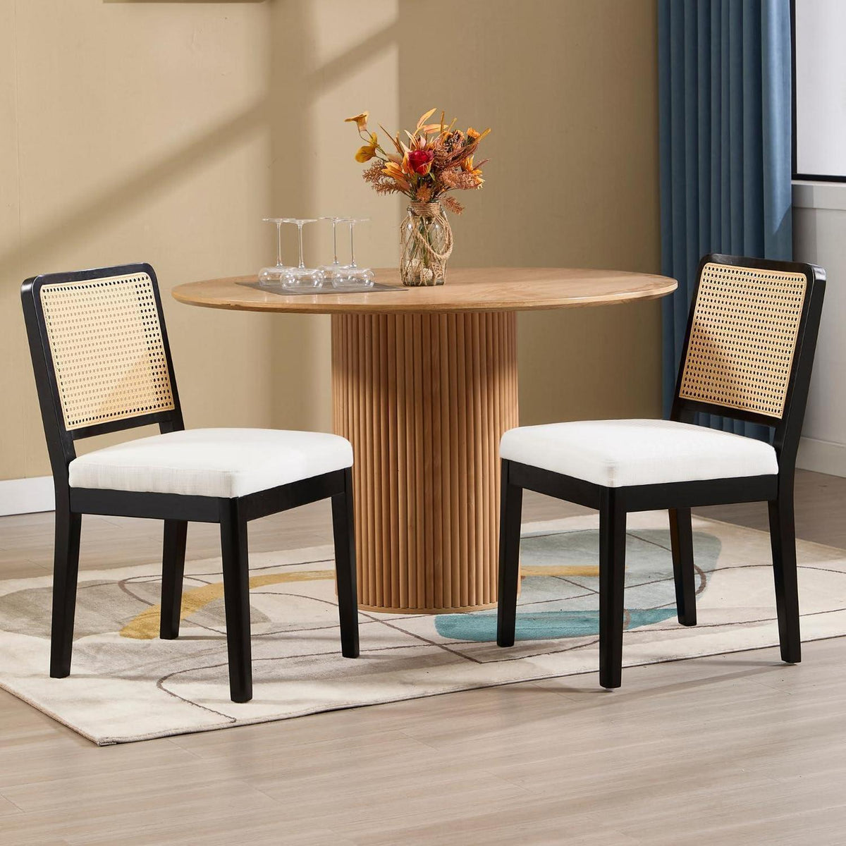 Esszimmerstühle 2er Set Leinen Rattan Retro Holz Schwarz